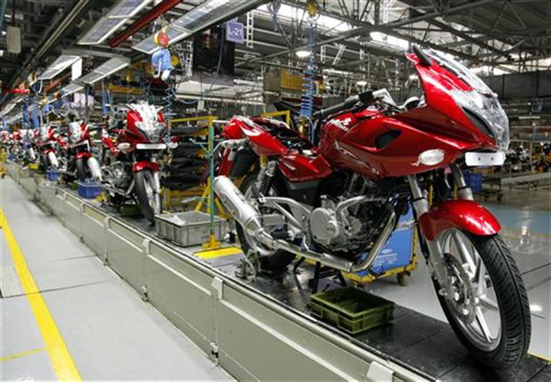 Newly built motorbikes are seen at the Bajaj Auto Ltd plant in Pune