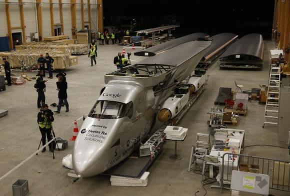The dismantled Solar Impulse 2 aircraft is pictured before being loaded into a Cargolux Boeing 747 cargo aircraft at Payerne airport